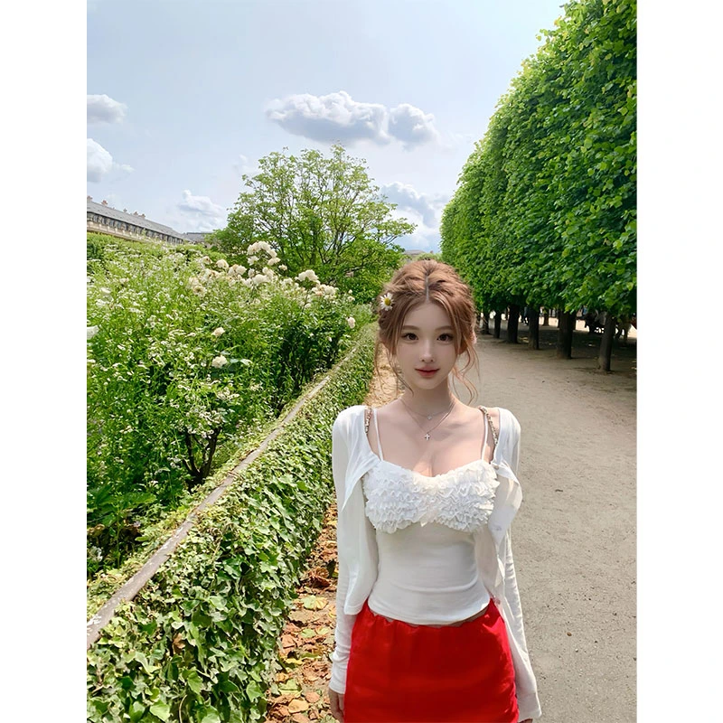 2025夏季新款ins薄款防晒短针织开衫内搭褶皱吊带背心配高腰短裙