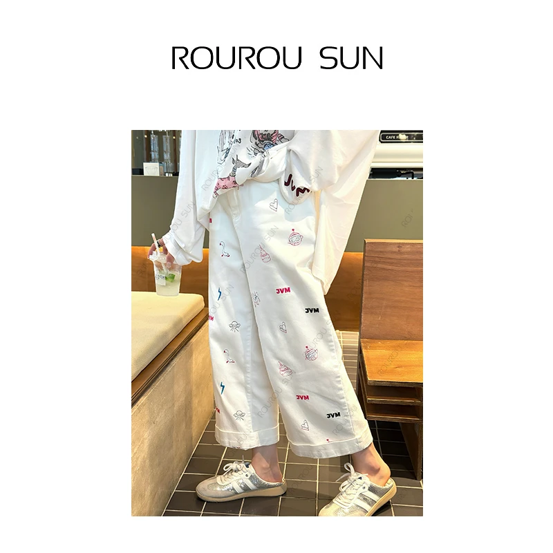 3008刺绣白色复古牛仔阔腿裤女设计感直筒裤女