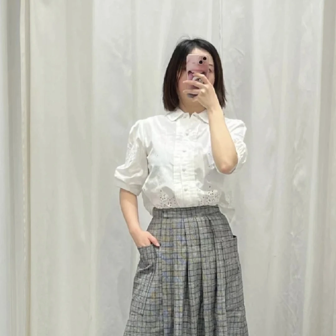 99新 Celine/思琳 ww248/凯旋门纽扣白色镂空衬衫 棉 40码