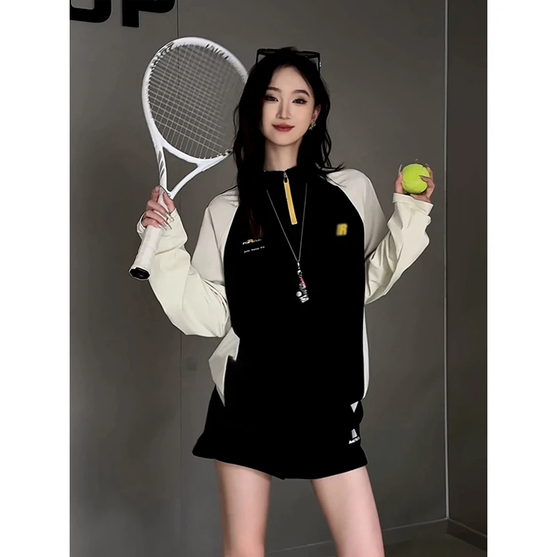 美式拼接半拉链长袖t恤男夏薄款防晒运动速干衣户外骑行羽毛球服