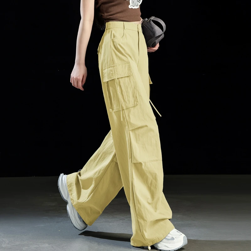 黄色美式工装裤女夏季冰丝速干运动裤女高腰阔腿伞兵裤徒步登山裤