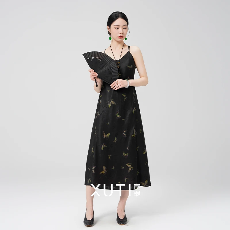 序缇『墨蝶归』新款国风新中式红云纱桑蚕丝吊带连衣裙H105-2166