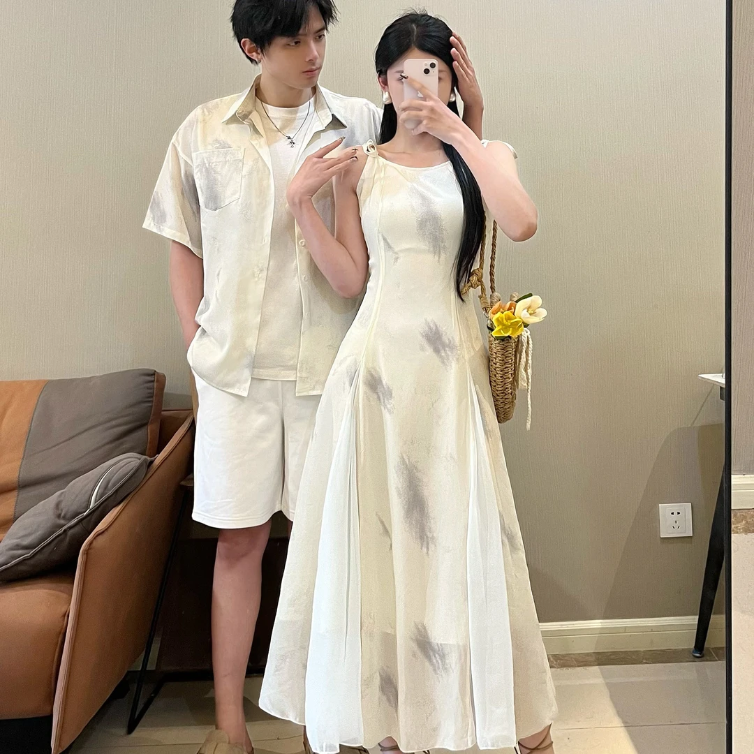 情侣装夏季新中式国风水墨收腰吊带女连衣裙开衫男衬衫一裙一衣