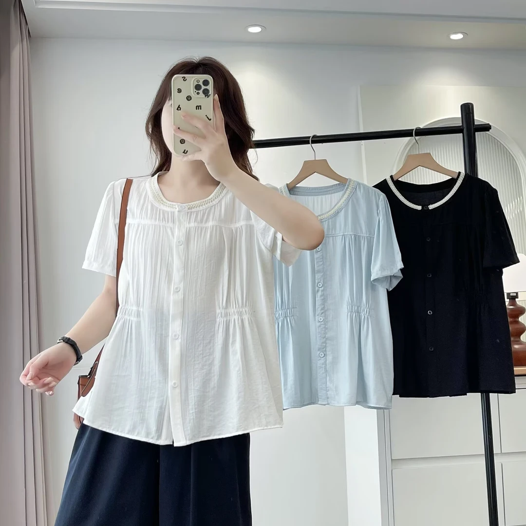 莘莘大码  新款洋气时尚纯色褶皱收腰显瘦胖mm百搭开衫短袖T恤女