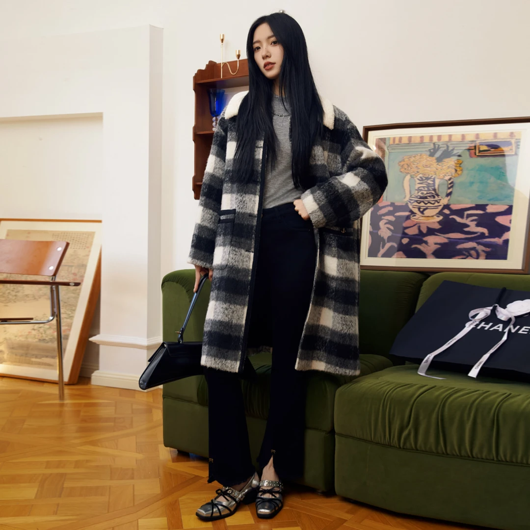 【M美】黑白格高端通勤洋气翻领大衣2025冬季新款撤柜女装