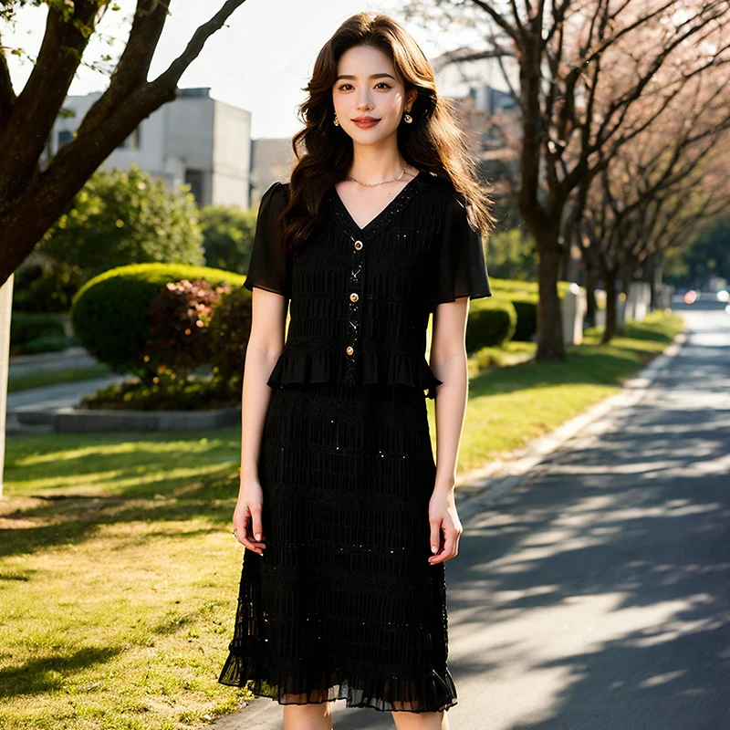 奢姿大码女装2025夏季减龄荷叶边假两件拼接裙子胖妹妹V领连衣裙