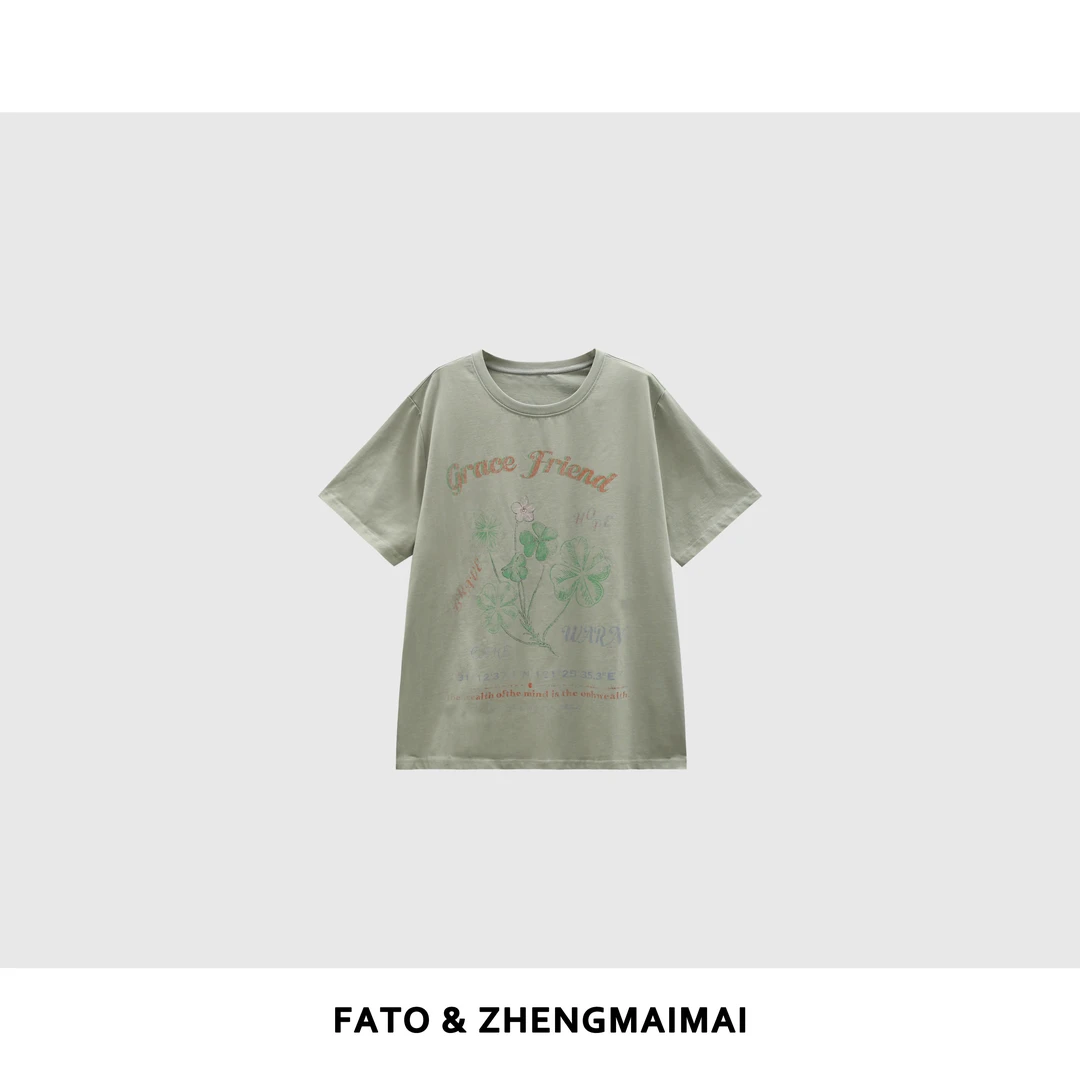 【郑买买】幸运草T恤 夏季多巴胺服装女百搭印花纯棉短袖XM50509T5