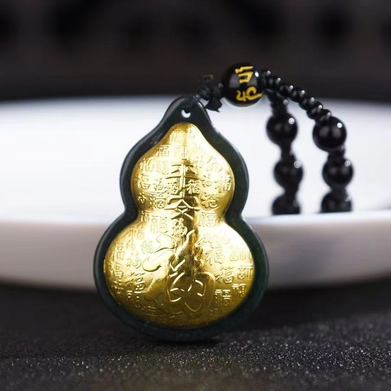 #粉色专享# 金色镶嵌墨百福葫芦吊坠男女项链挂件