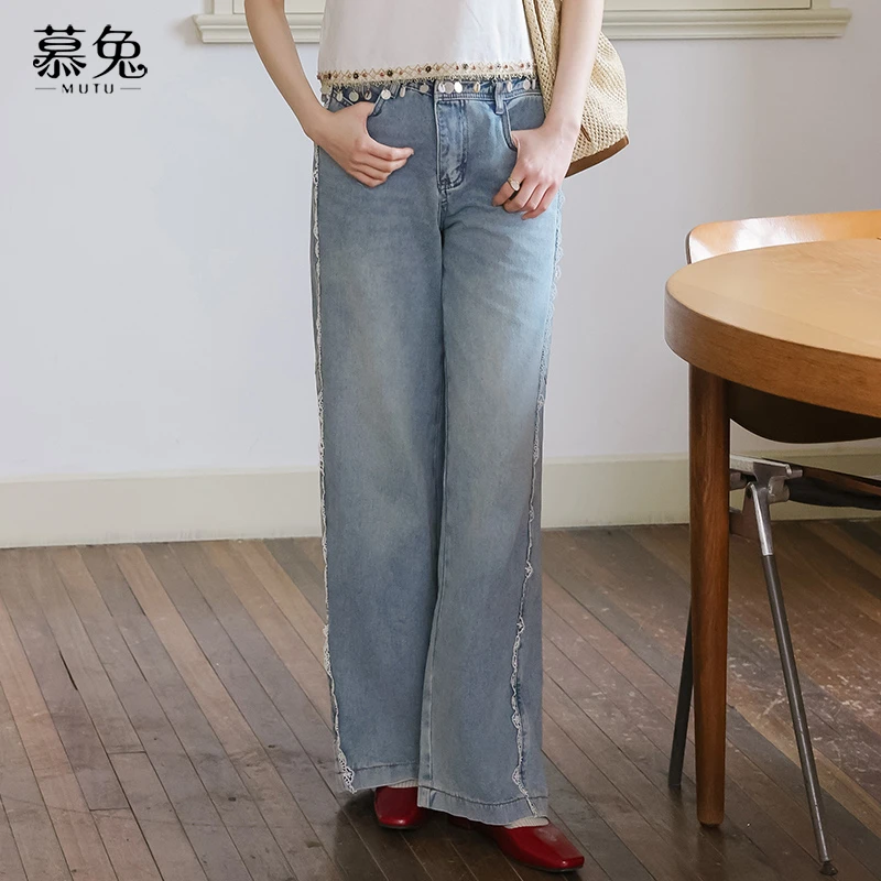 慕兔复古蕾丝拼接牛仔裤女2025夏季新款小个子高腰显瘦阔腿长裤子