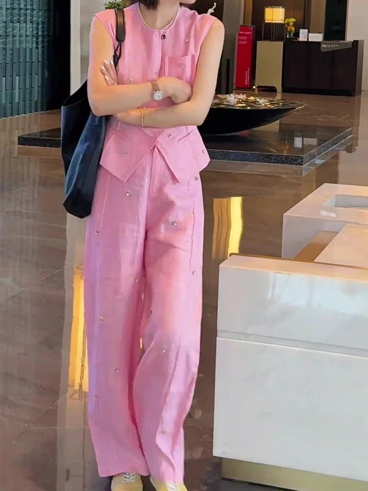 气质轻奢高级感女人味粉色简约上衣裤子套装女2025夏季超火两件套