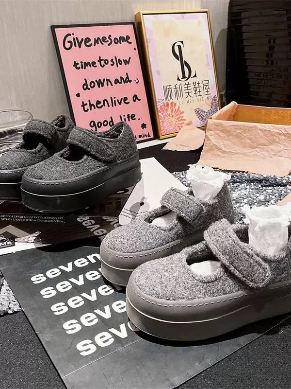 毛呢毛毛鞋一字玛丽珍圆头JK学院风乐福鞋魔术贴厚底松糕7cm女鞋