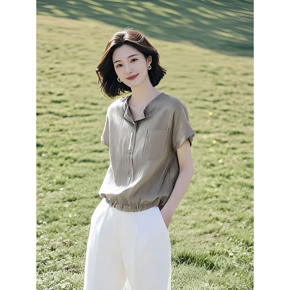 轻休闲慵懒醋酸衬衫上衣女2025夏季新款薄款清爽收腰显瘦短袖衬衣