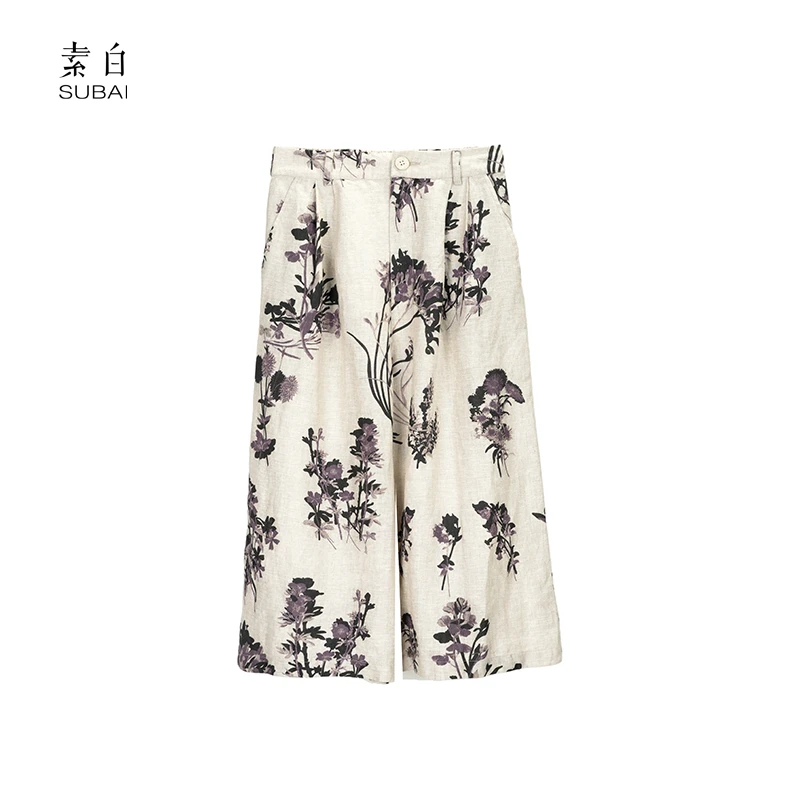 素白老钱时尚【紫韵】K01600亚麻印花松紧腰七分裤时尚百搭休闲裤