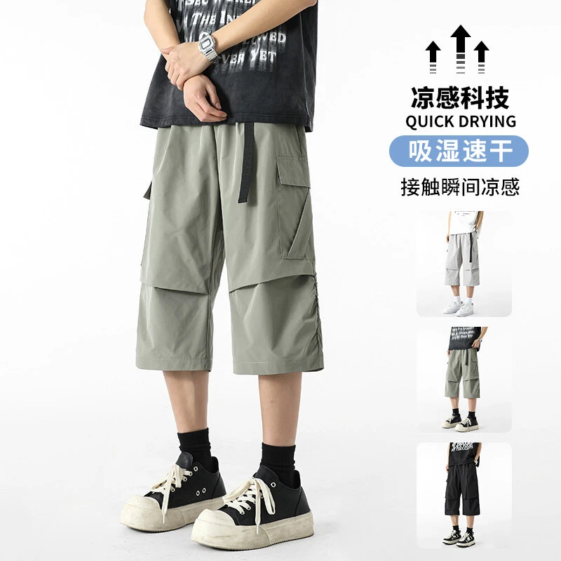 Mexican/稻草人夏季工装裤冰丝七分裤宽松直筒休闲中裤子男运动裤