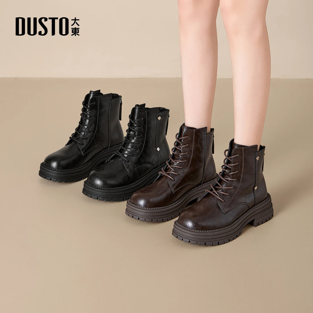 大东女鞋英伦风马丁靴2025秋冬新款加绒阔腿裤百搭厚底短靴002280