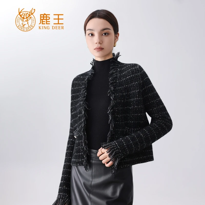 【设计师款】鹿王100山羊绒重工珠片花纱小香风短款开衫加厚 K6006
