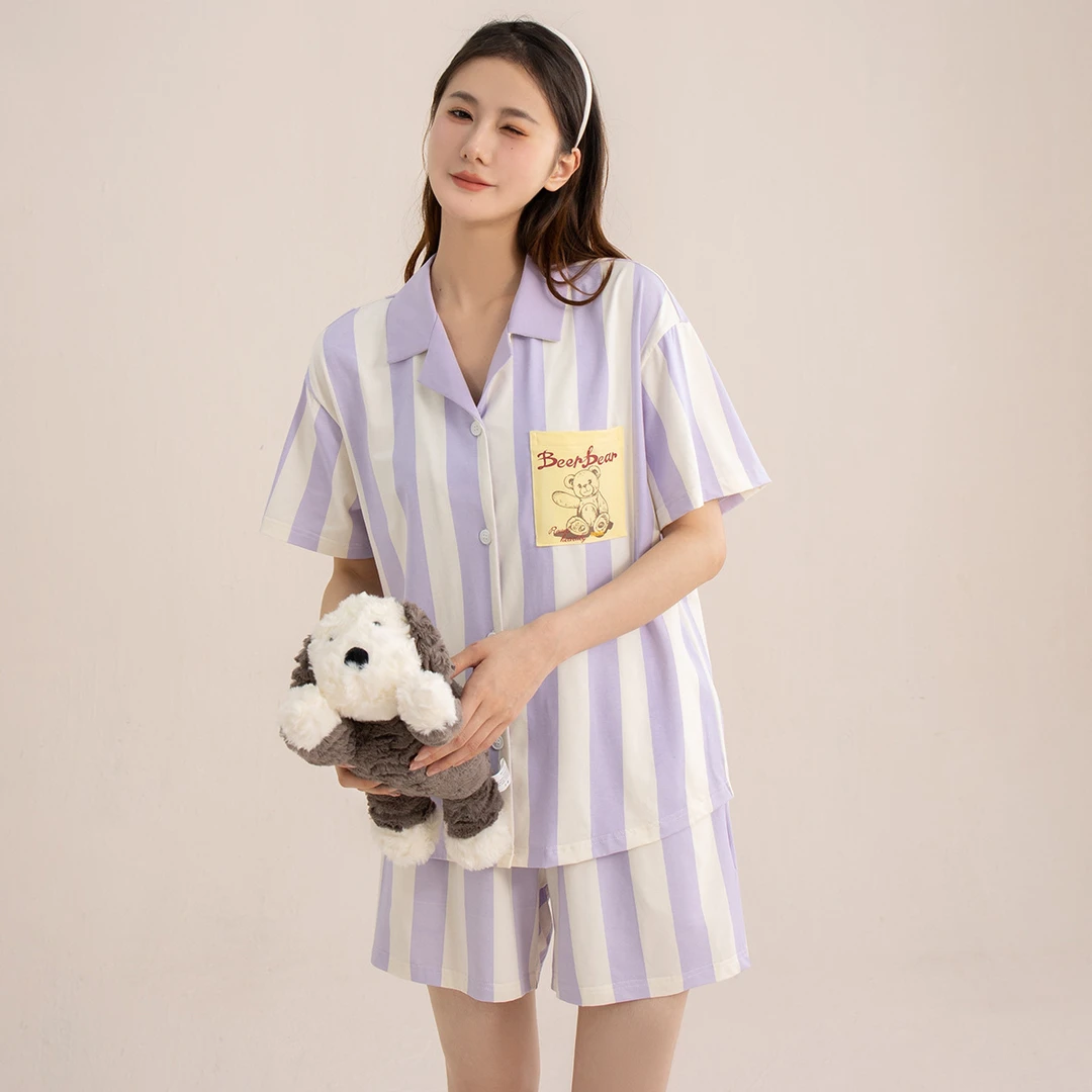 短袖舒适夏季可外穿短裤休闲睡衣夏薄款家居服条纹宽松套装