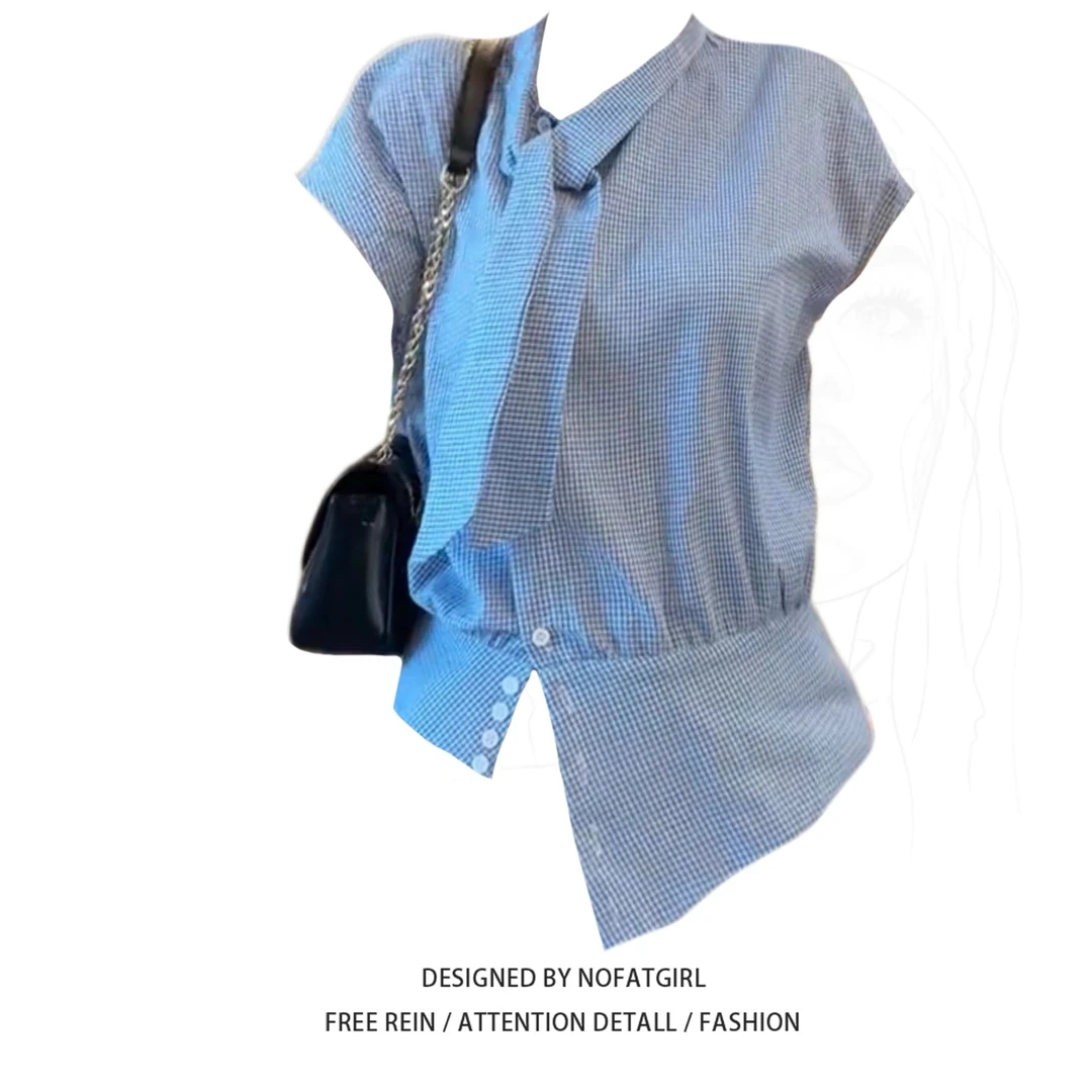 大码胖妹妹韩系复古格纹飘带短袖衬衫女夏季设计感不规则别致上衣