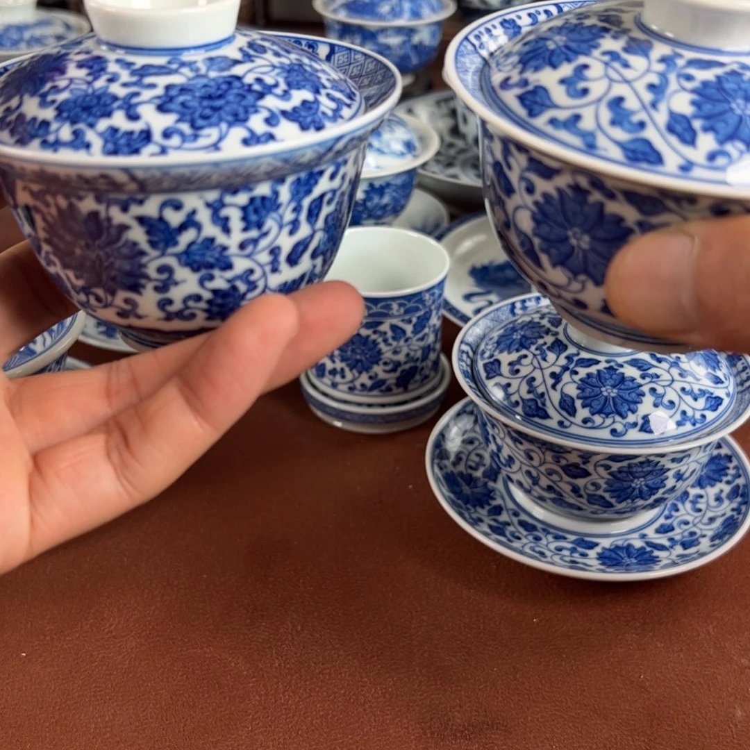 叁***钧陶瓷茶具缠枝莲盖碗