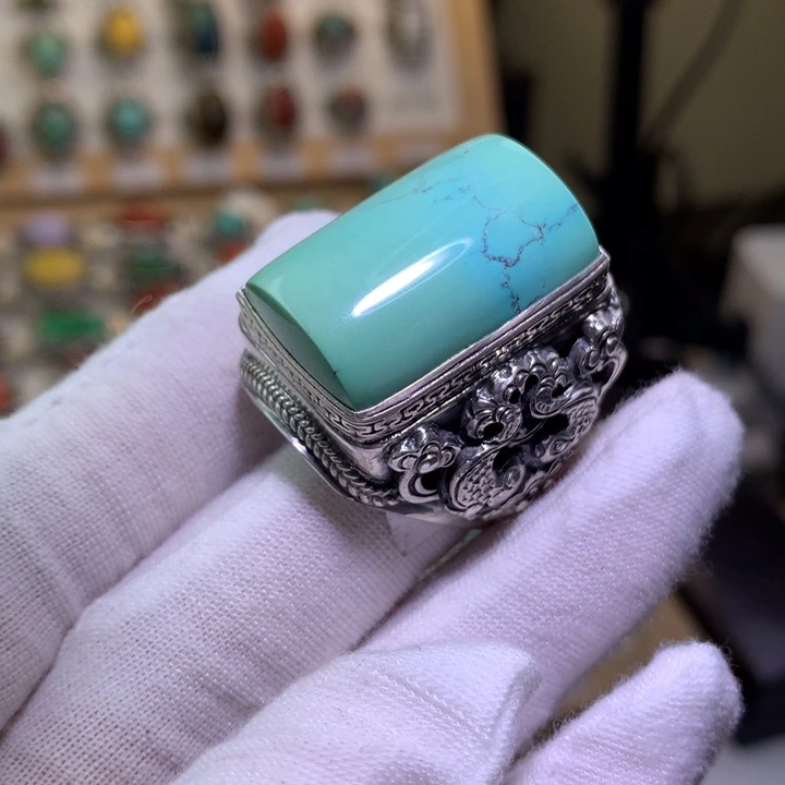 船***上绿松石足银镶嵌戒指