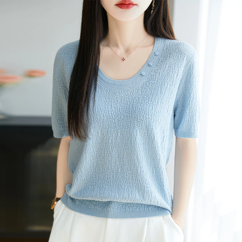 桑蚕丝短袖夏季百搭薄款女套头毛针织衫圆领洋气气质显瘦宽松打底
