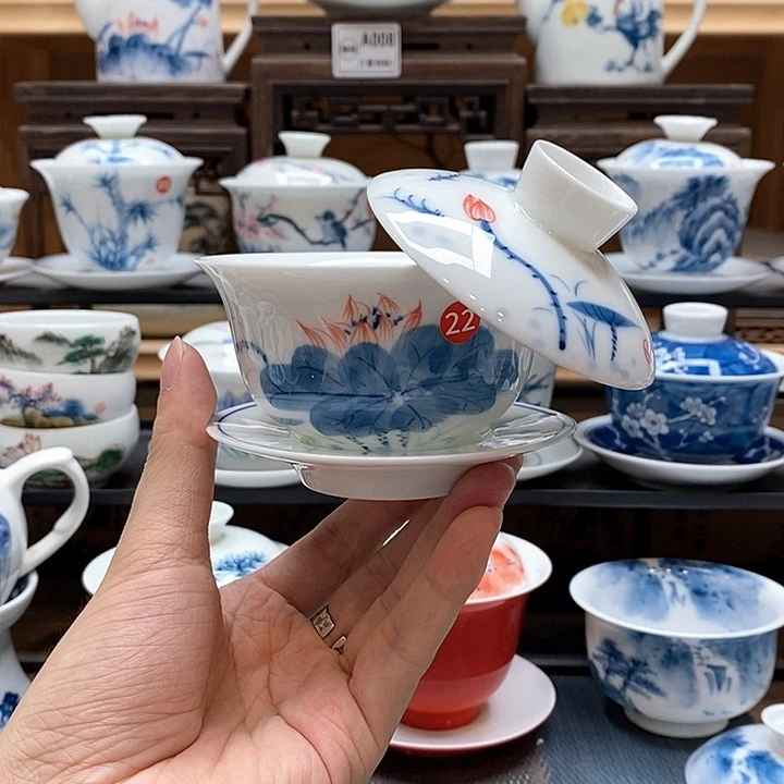 手绘荷花悬停盖碗150cc釉下彩微瑕福利款