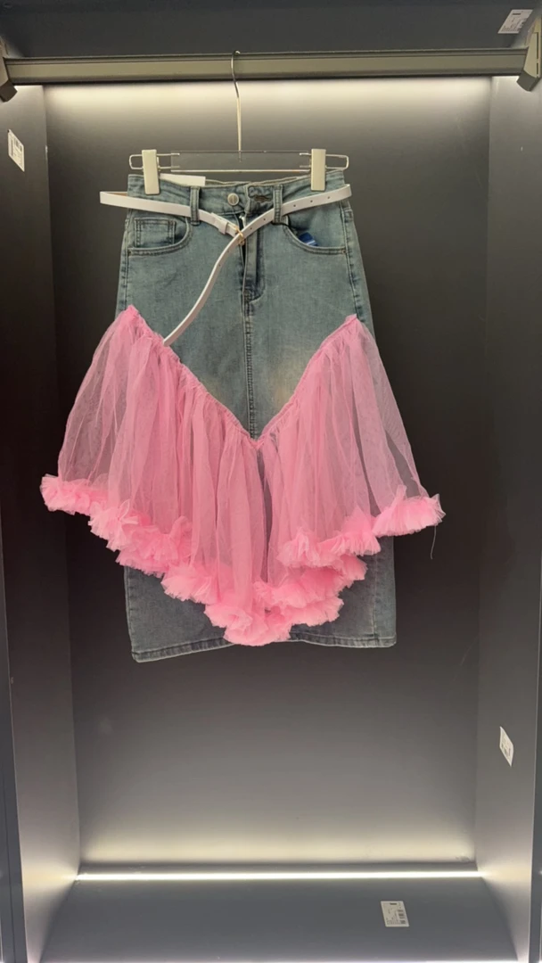 薄纱拼接高腰百搭显瘦牛仔半身裙2450