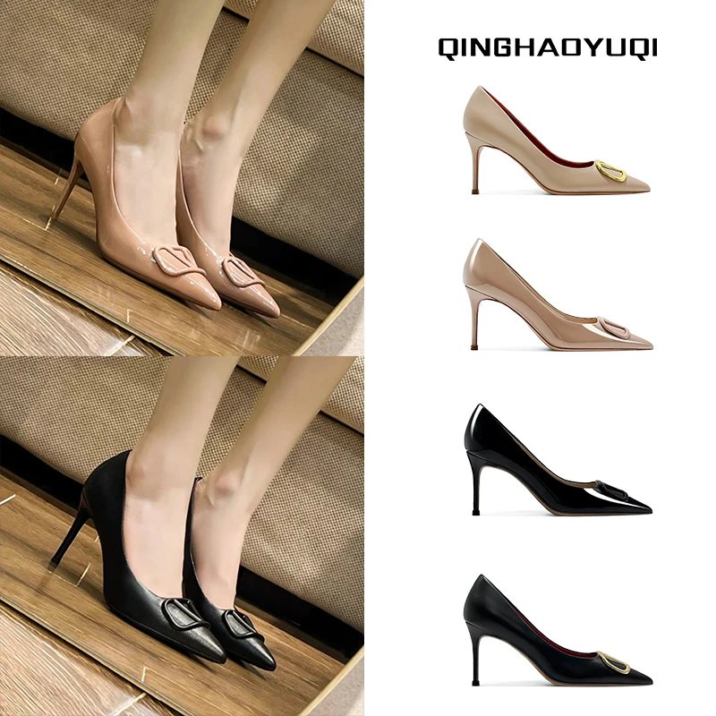 2025秋季浅口红色细跟V扣高跟鞋裸色全包高跟鞋气质尖头单鞋通勤