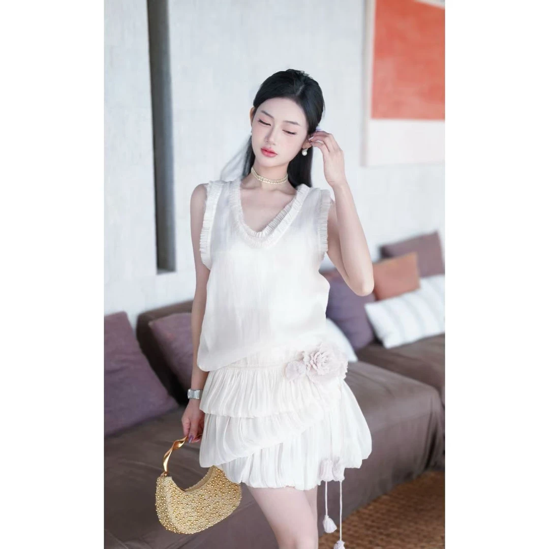 【子纯】25年新款仙气清新无袖花苞裹胸+连衣裙 M537