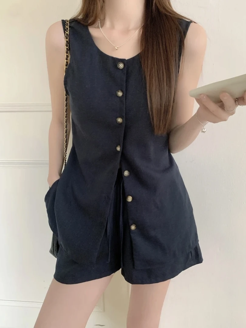 天丝亚麻休闲欧美时尚套装吊带夏季女装小香风上衣+裤子套装L710