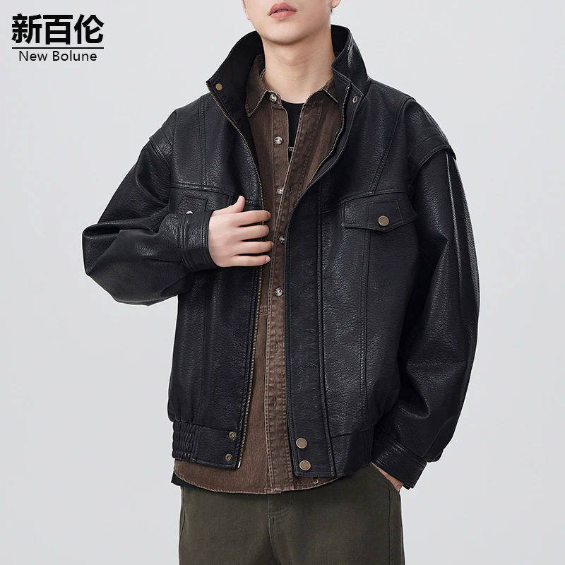 新百伦/NEW BOLUNE日系复古皮夹克男秋冬新款潮流痞帅宽松外套