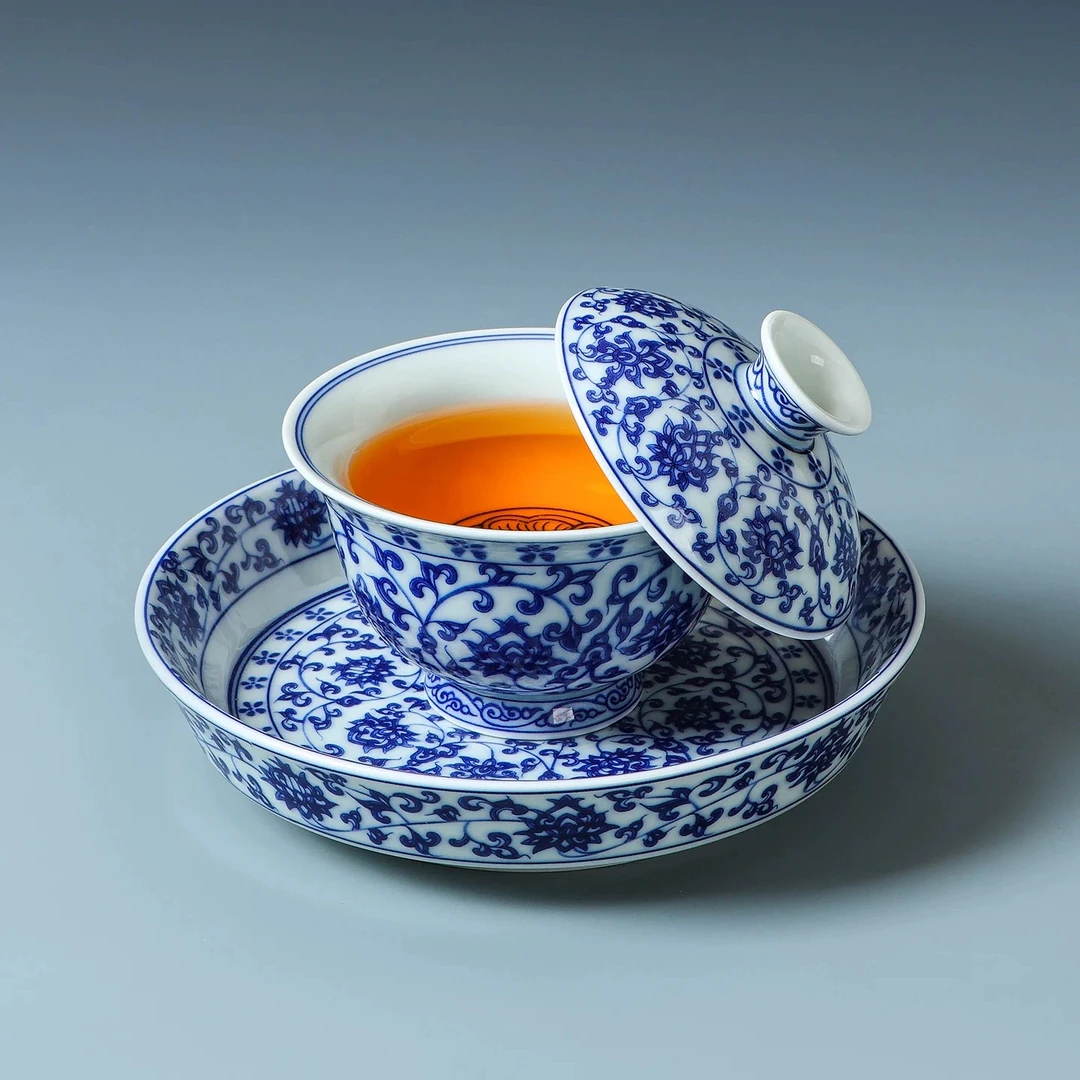 青花缠枝莲三才盖碗带壶承功夫茶泡茶碗家用茶具G09