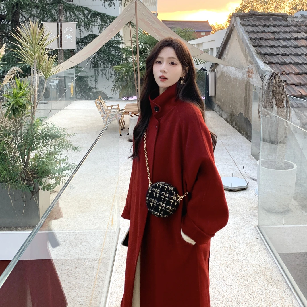 金蘑菇菇【落叶和冬】设计师高定长款立领骆驼绒大衣保暖双面呢外套