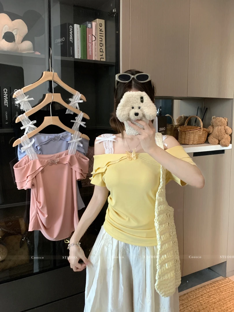 蕾丝拼接蝴蝶结T恤女2025夏季新款显瘦辣妹一字露肩上衣