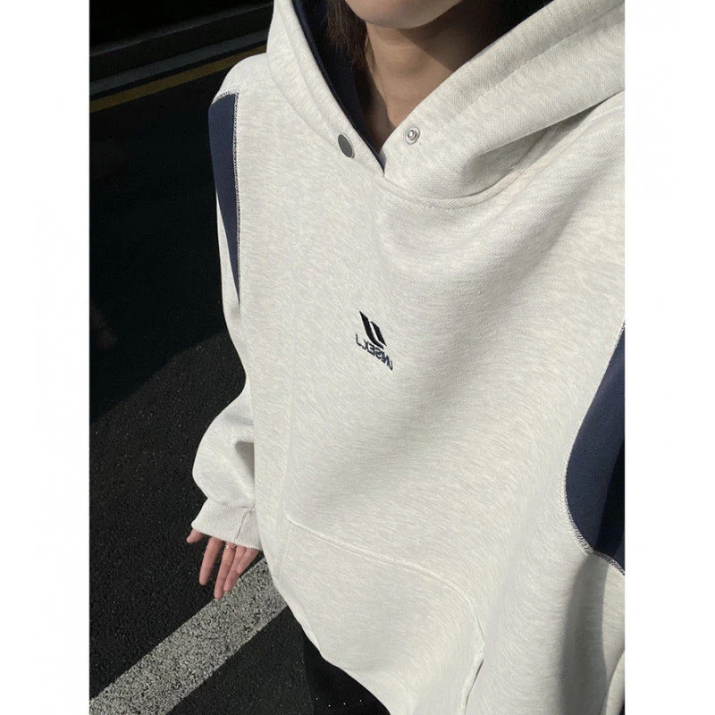 @MAX美式秋季慵懒风拼接耐磨长袖卫衣宽松加绒百搭连帽秋冬学生