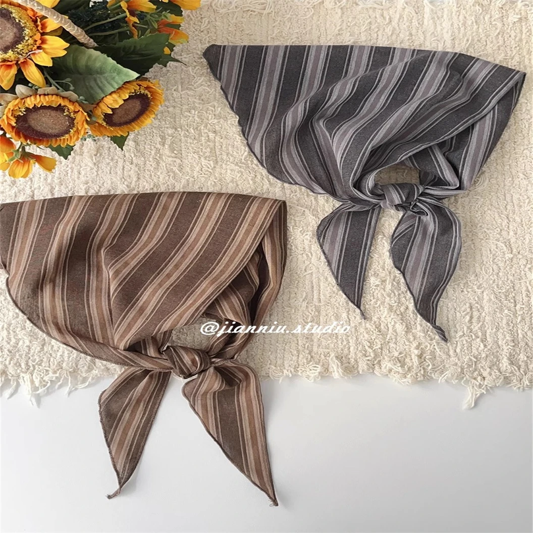 2025春夏新款日系条纹三角巾女绑发丝巾护颈领巾包头巾围脖