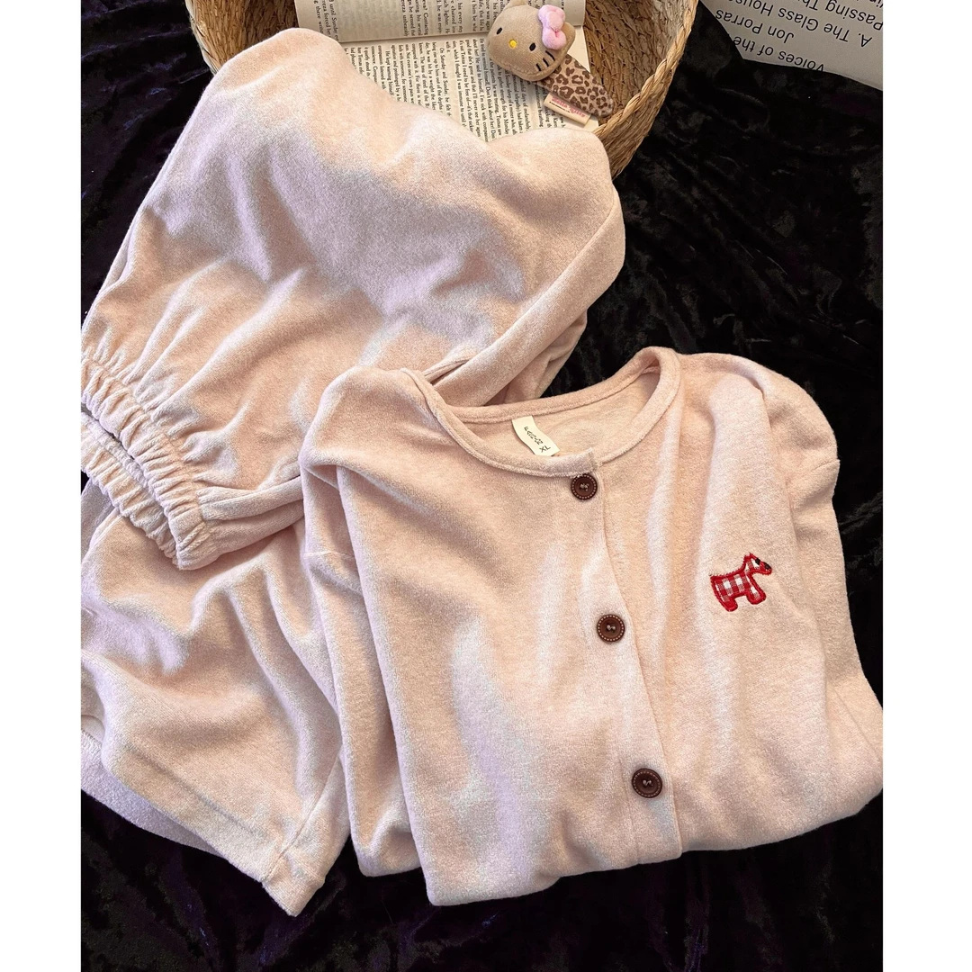 少女甜美可爱卡通德绒保暖慵懒风睡衣女秋冬长袖长裤家居服可外穿