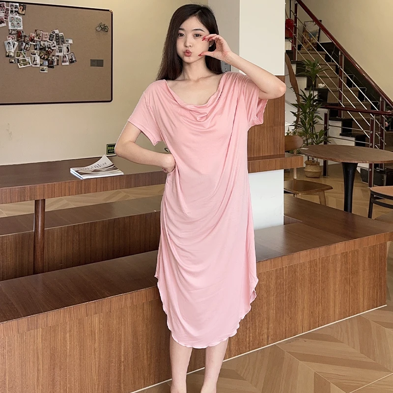 夏季莫代尔薄款修身显瘦带胸垫短袖睡裙女士中长款睡衣外穿家居服