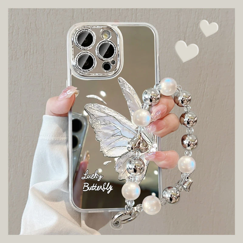 ins蝴蝶适用苹果16promax手机壳补妆镜面iphone15pro全包高级13女