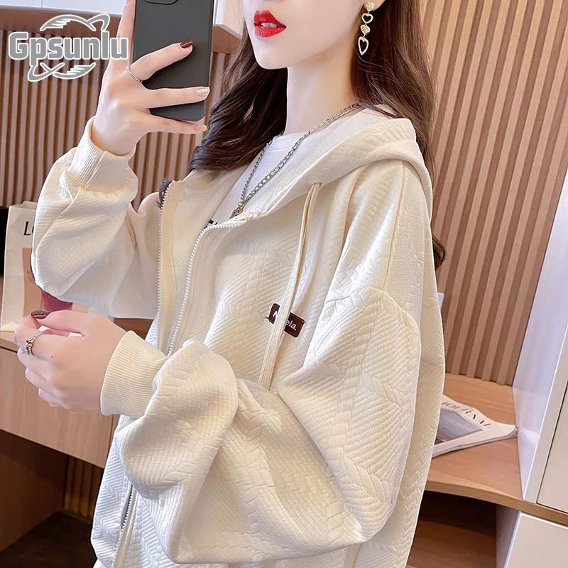 gpsunlu大码女装洋气休闲连帽卫衣女春秋薄款简约百搭慵懒风外套