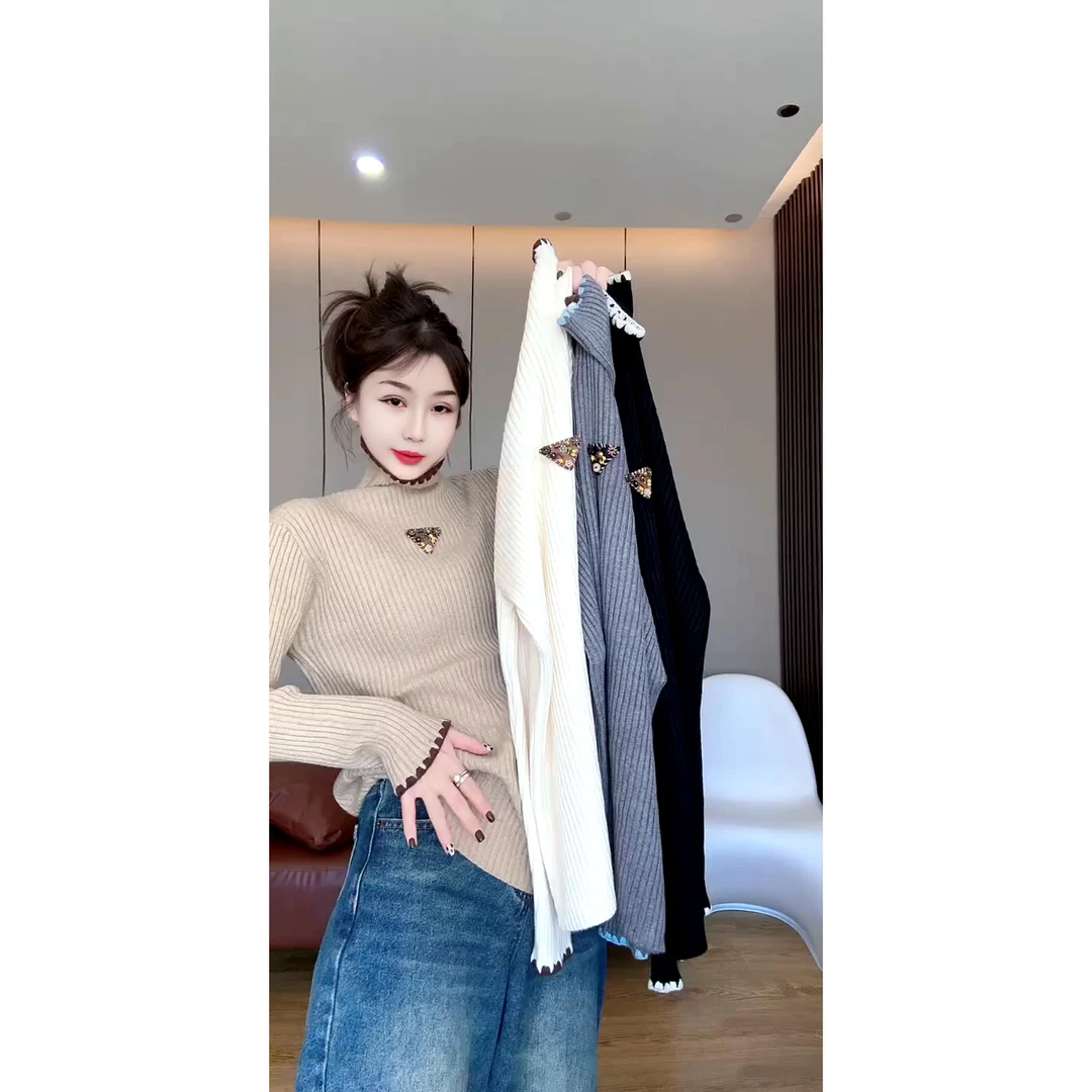 碎花三角标高领坑条毛衣冬季时尚百搭高领针织衫