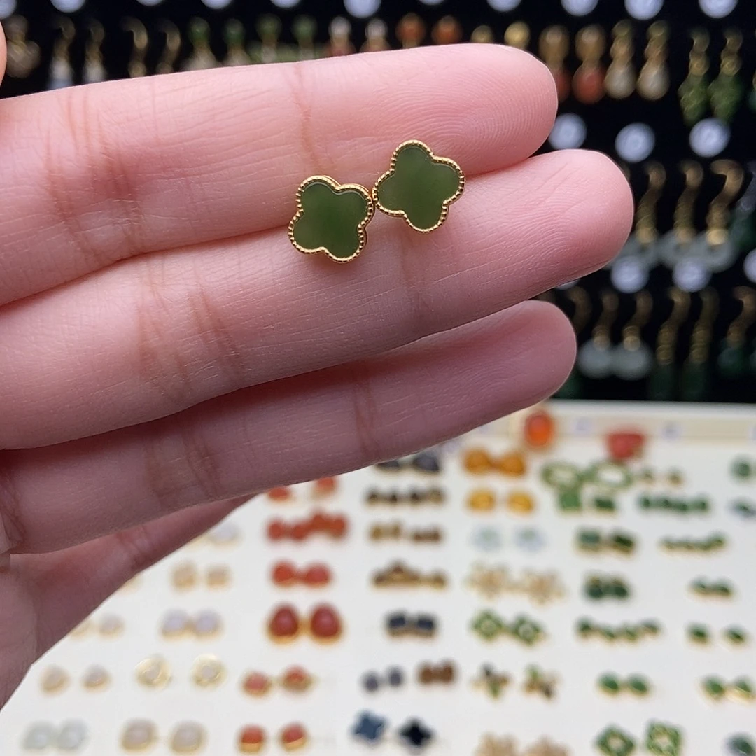 和田玉银S925镀金镶嵌耳饰