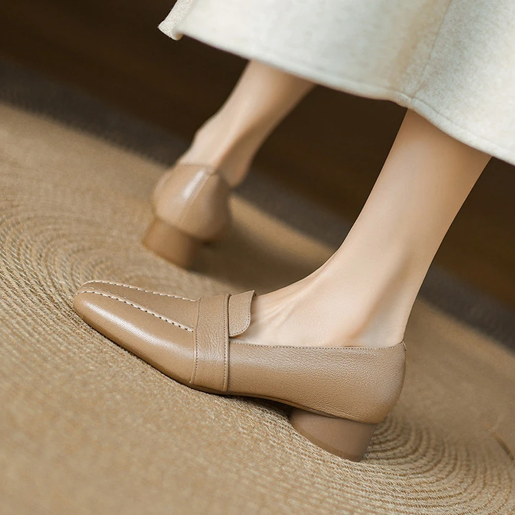 34-40码2025年头层羊皮春季新款深口一脚蹬单鞋粗跟方头复古