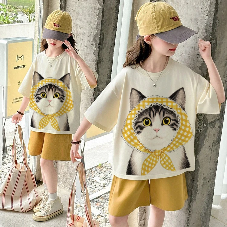 女童套装夏季新款卡通小猫印花薄款时尚百搭韩版两件套甜美可爱