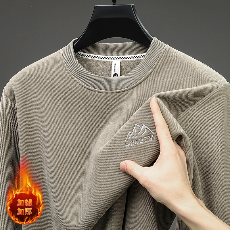 高端法兰绒卫衣男圆领冬季加厚加绒保暖上衣休闲宽松潮流打底衫
