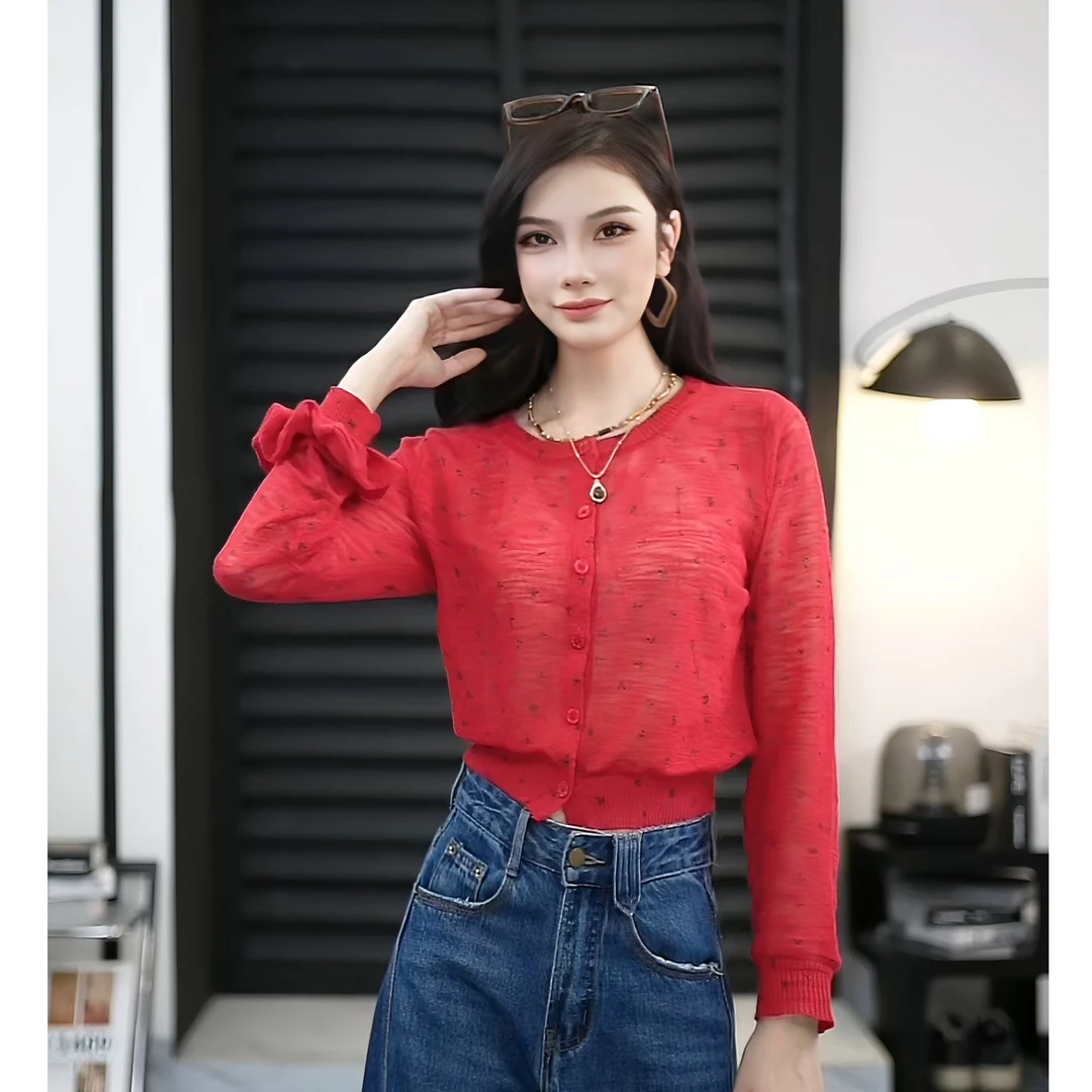 RoseGirls【Jennie甜樱桃】减龄感印花针织衫外搭开衫罩衫含发圈