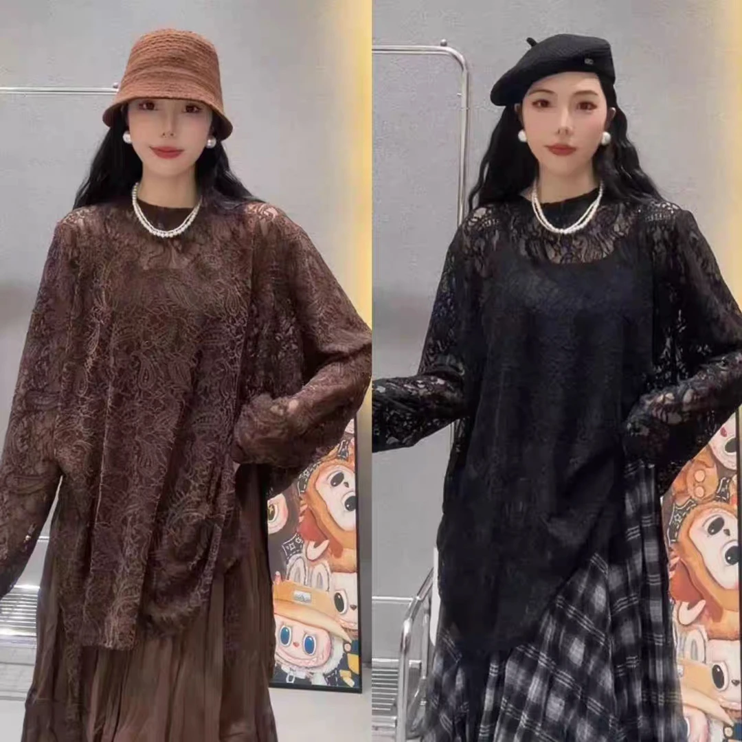 小妖精大码女装秋冬提花圆领套头宽松腰果提花蕾丝上衣T恤