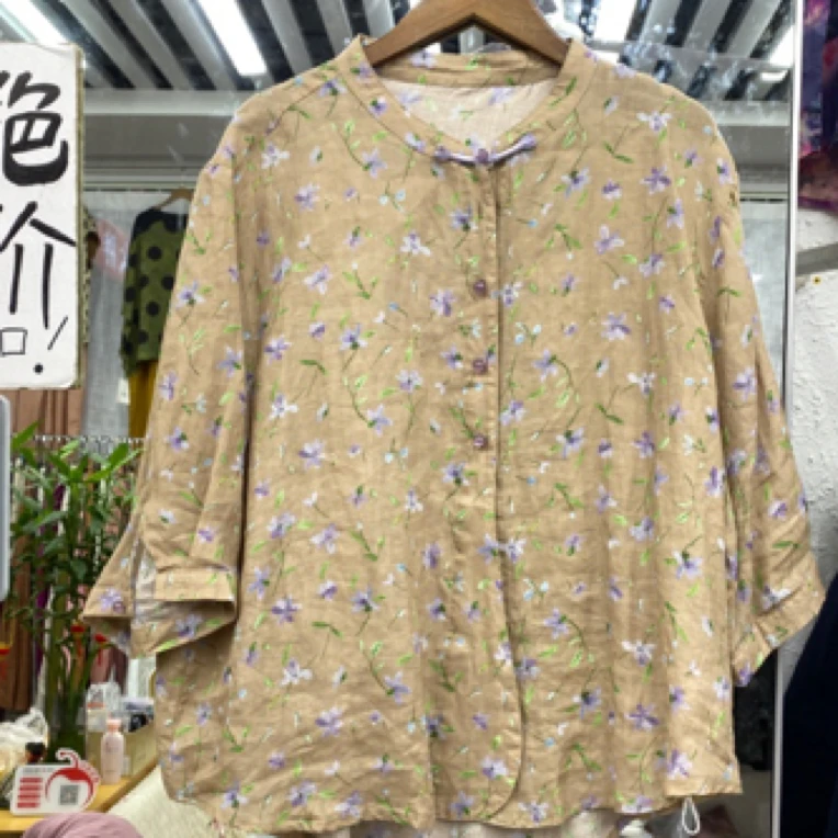 森系文艺立领中袖碎花麻料衬衫夏季宽松减龄两穿