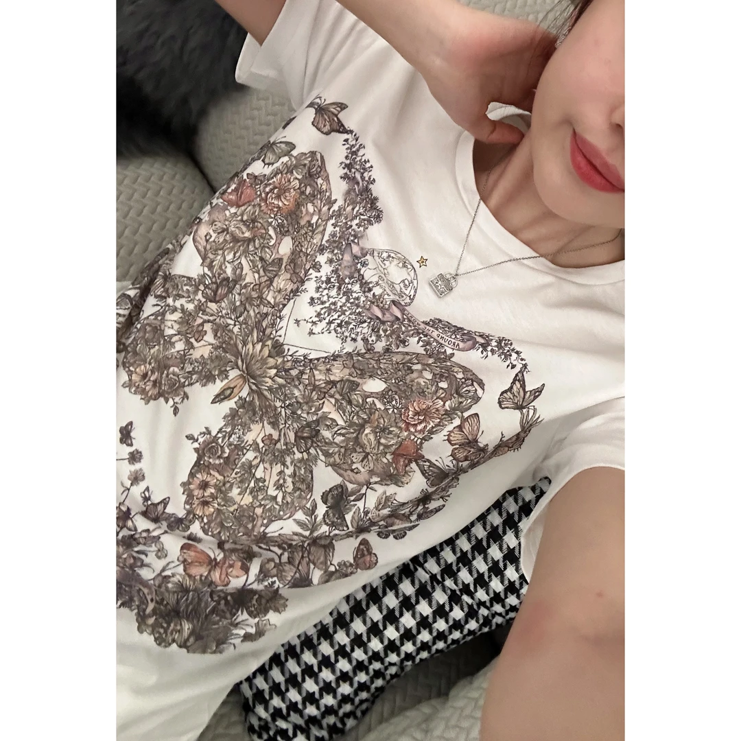 【蝴蝶】轻奢蝴蝶印花短袖T恤夏季设计师上衣圆领