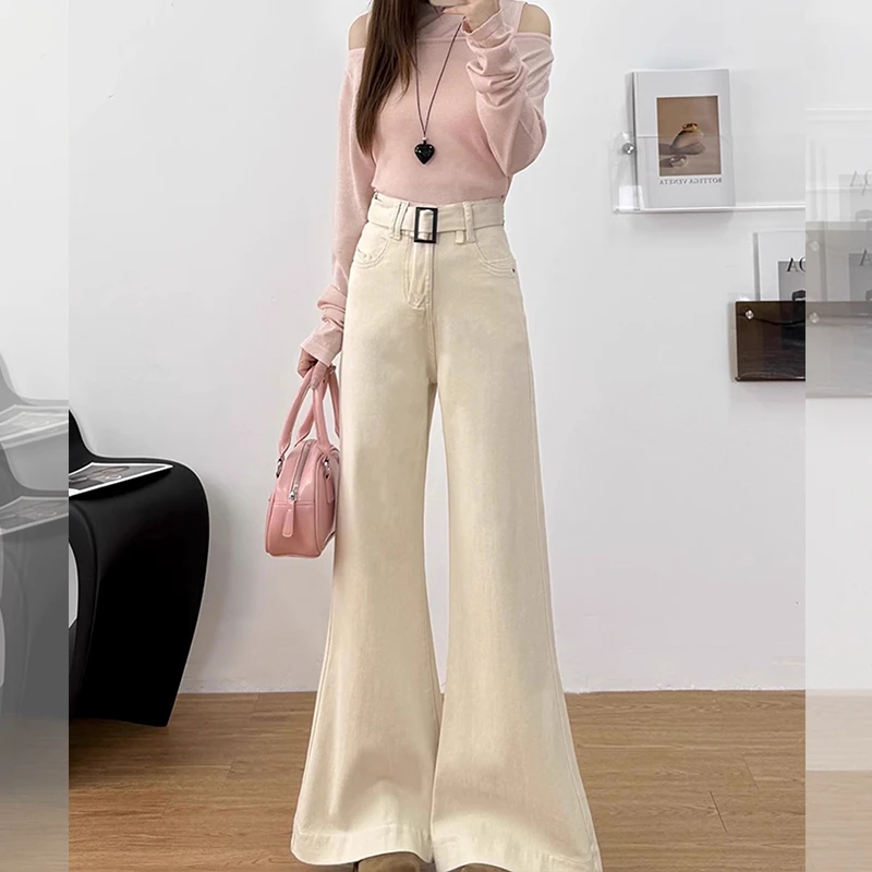 米白色长裤子微喇牛仔裤女大码胖mm宽松不贴腿梨形微喇阔腿时尚